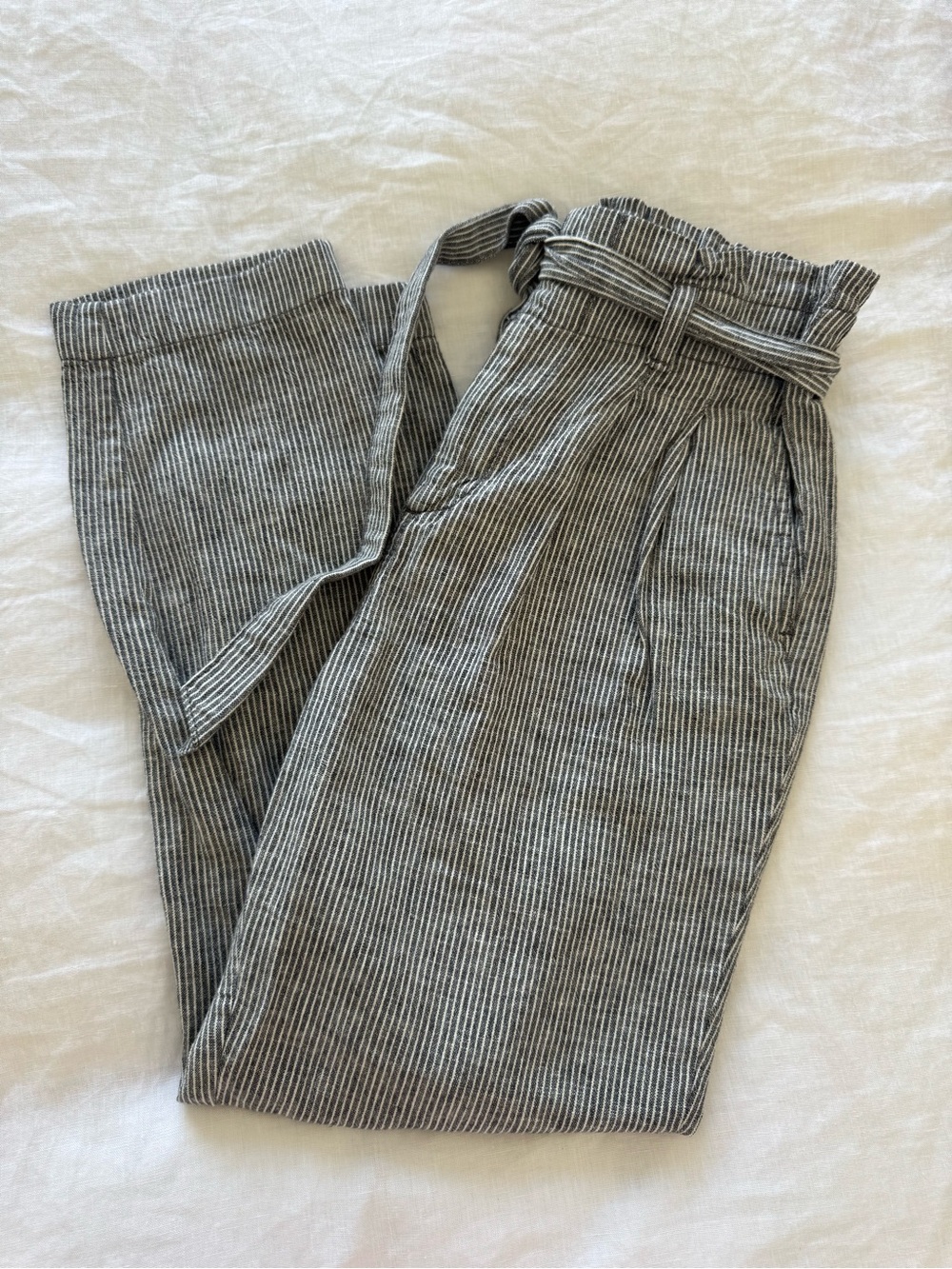 High-Rise Paperbag Waist Pinstripe Pants - Gray